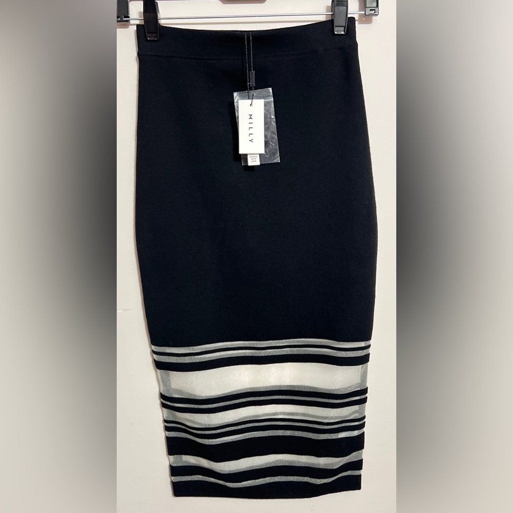 Milly Black Pencil Skirt with Sheer Stripes
